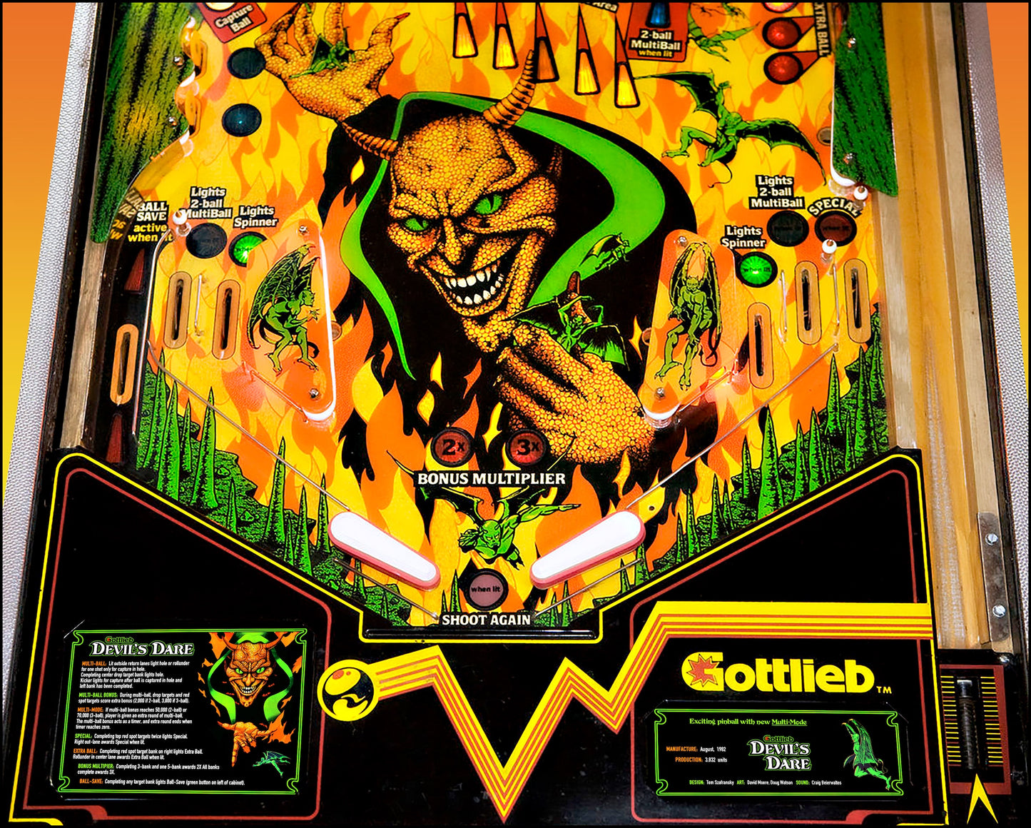 Instrucciones de las tarjetas del juego Gottlieb Devil's Dare 1982, versión Pinball 2, tarjetas de delantal de pinball con impresión personalizada