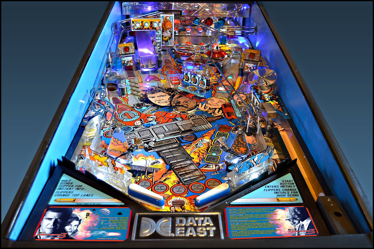 Data East Lethal Weapon 1992 Jeu Cartes Instructions Flipper Custom Apron règles imprimées V1