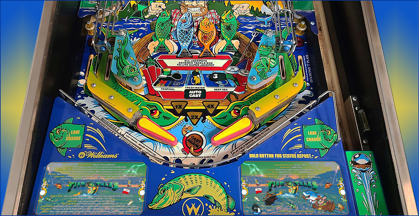 Instrucciones de las tarjetas del juego Williams Fish Tales 1992, delantal personalizado de pinball, reglas impresas V1