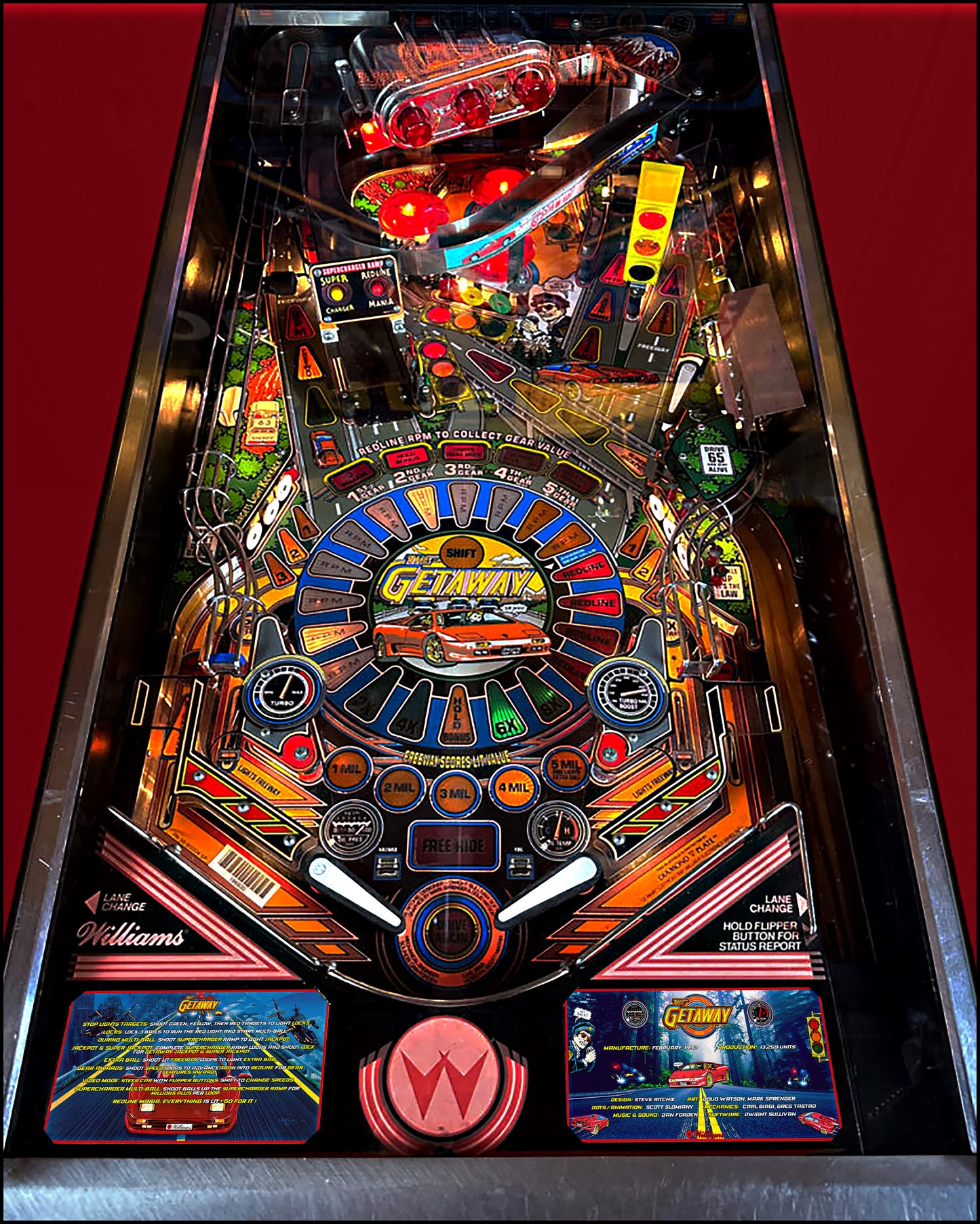 Williams The Getaway 1992 Jeu Cartes Instructions Flipper Custom Apron règles imprimées V1