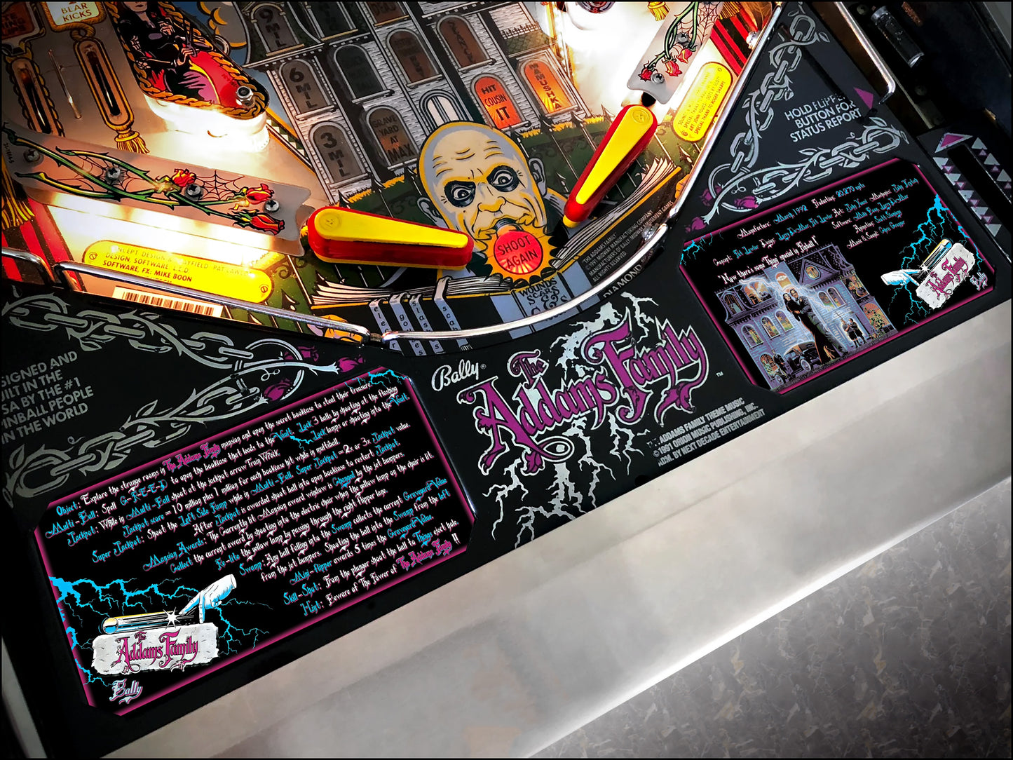 Instrucciones de las tarjetas del juego Bally The Addams Family 1992, máquina de pinball, delantal personalizado, reglas impresas V2