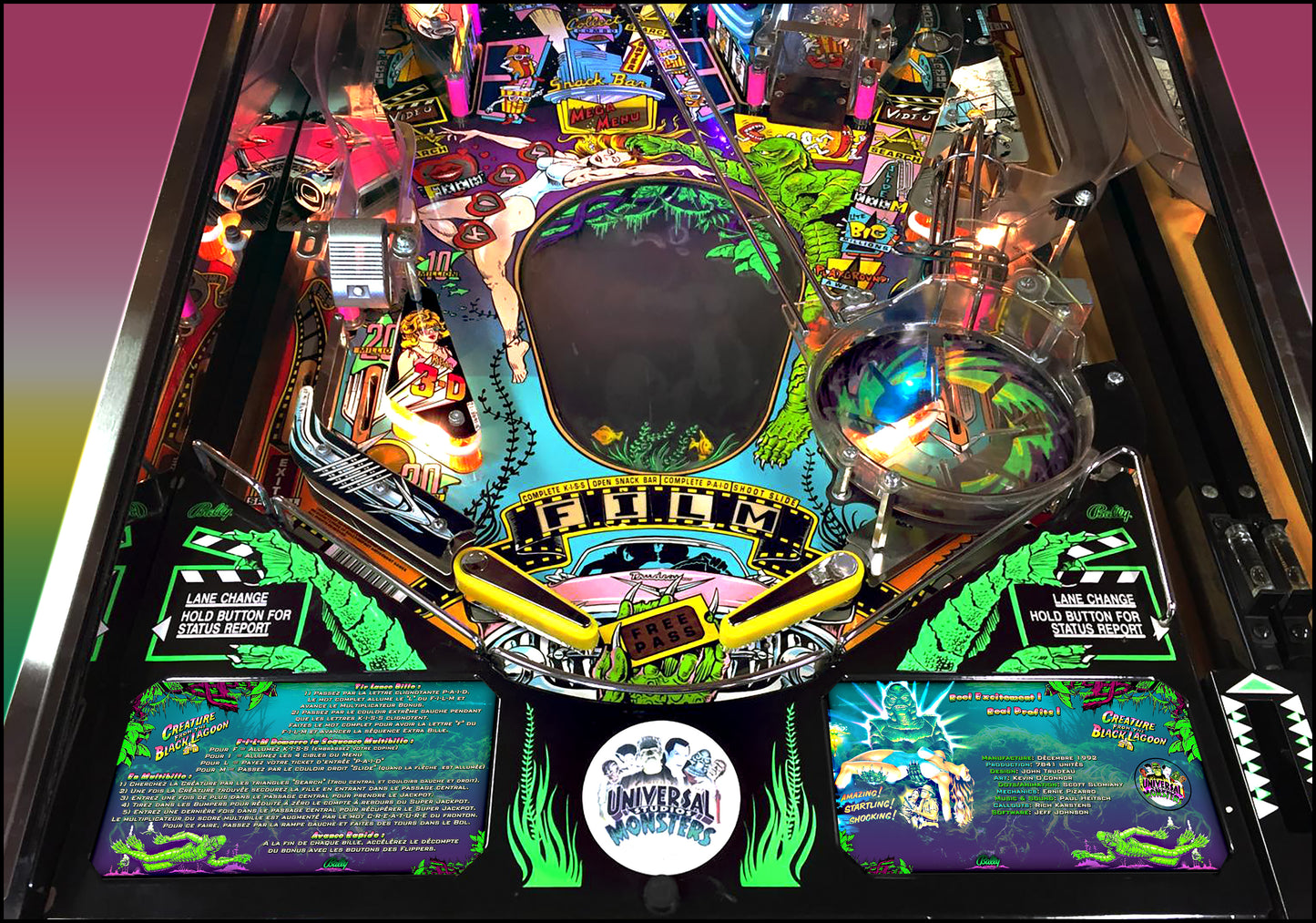 Bally Creature From The Black Lagoon 1992 Jeu Cartes Instructions Flipper Custom Apron règles imprimées V2