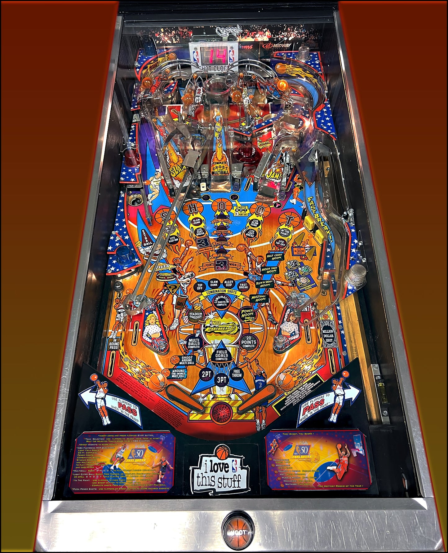 Bally NBA FASTBREAK 1997 Jeu Cartes Instructions Flipper Custom Apron règles imprimées V2