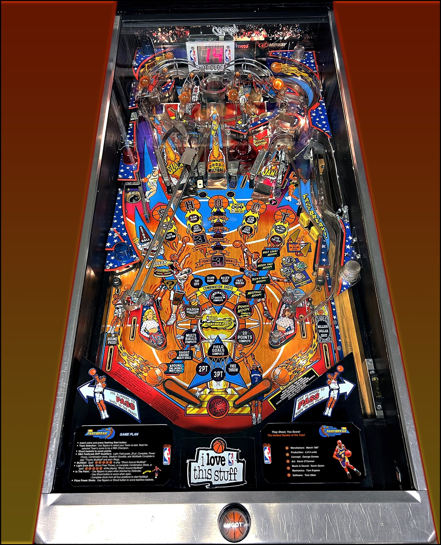 Bally NBA FASTBREAK 1997 Jeu Cartes Instructions Flipper Custom Apron règles imprimées V3