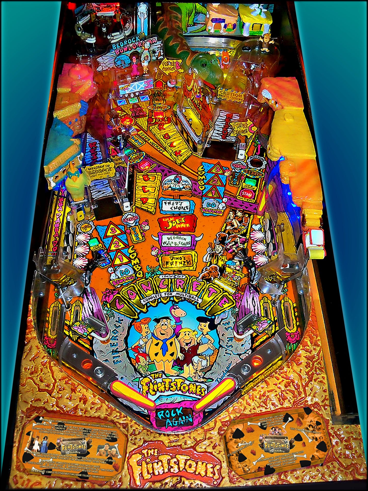 Instrucciones de las tarjetas del juego de pinball de Los Picapiedra (1994) de Williams, delantal personalizado, reglas impresas (V1)