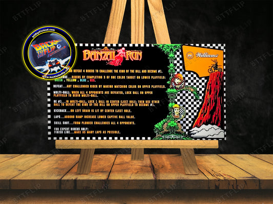 Williams Banzai Run 1988 Jeu Cartes règles Instructions Flipper Custom Apron