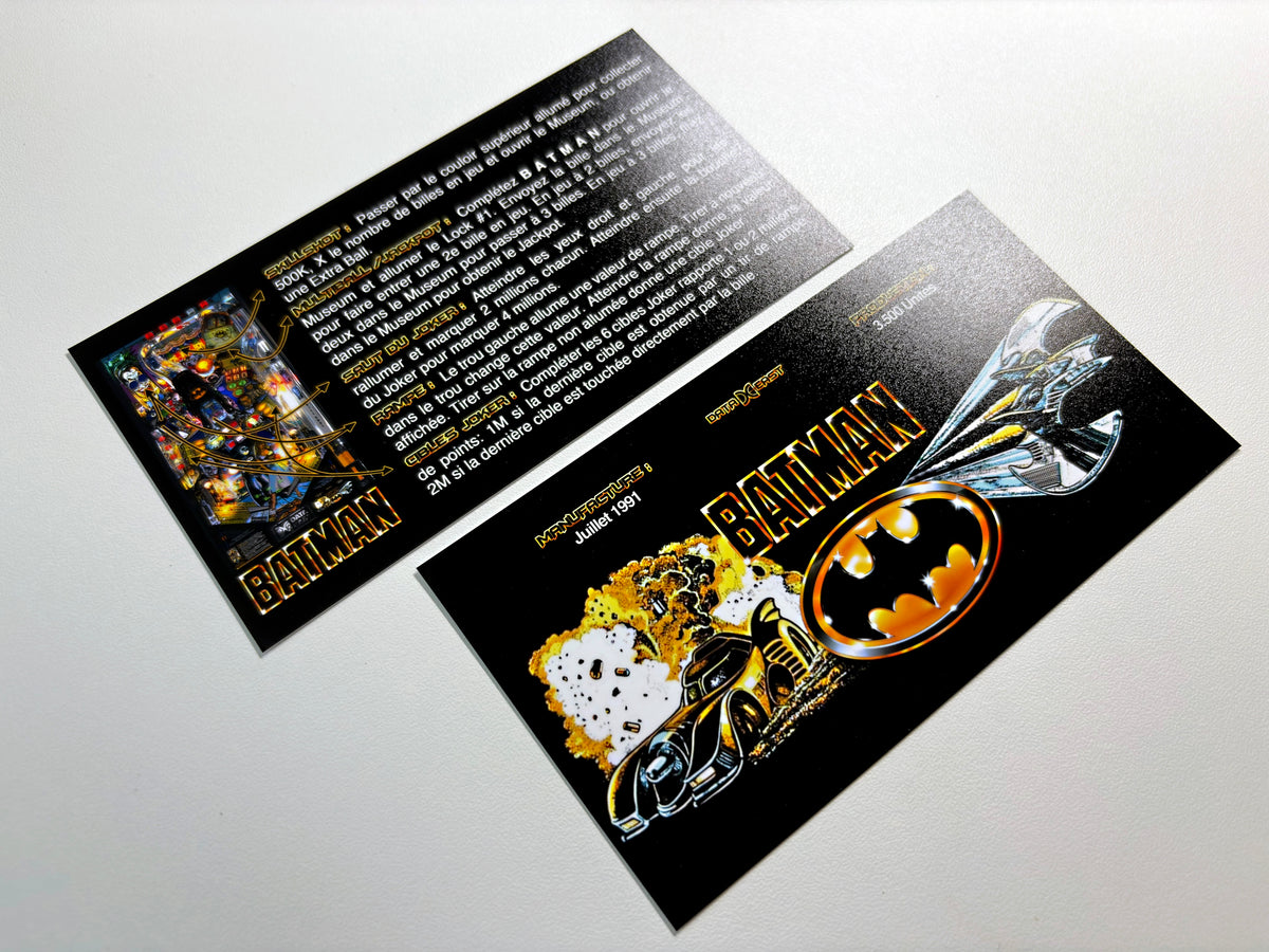 Data East Batman 1991 Game Cards Instructions Pinball Custom Apron Printed Rules V1