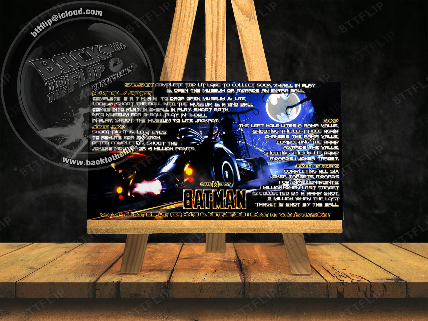 Instrucciones de las tarjetas del juego Batman 1991 de Data East, delantal personalizado de pinball, reglas impresas V2
