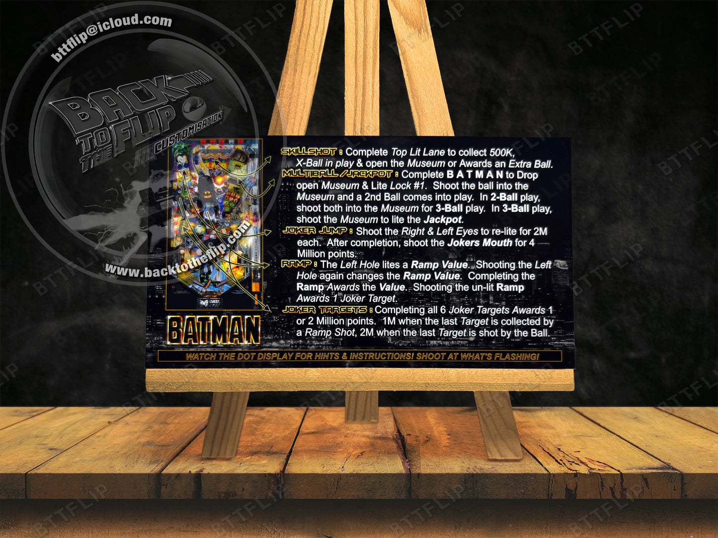 Instrucciones de las tarjetas del juego Batman 1991 de Data East, delantal personalizado de pinball, reglas impresas V3