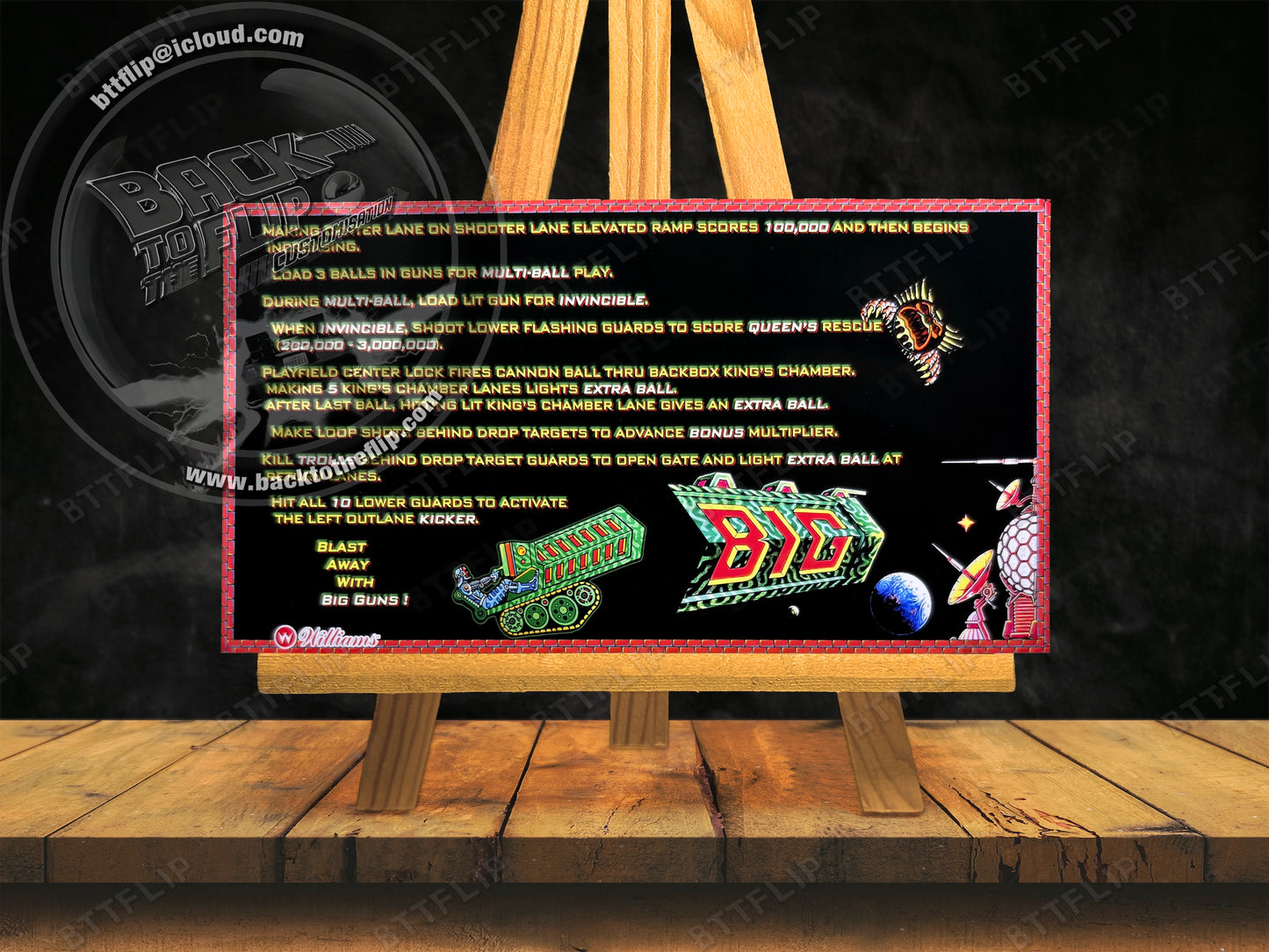 Cartes d'instructions custom apron flipper Williams Big Guns 1987 (set de 2)