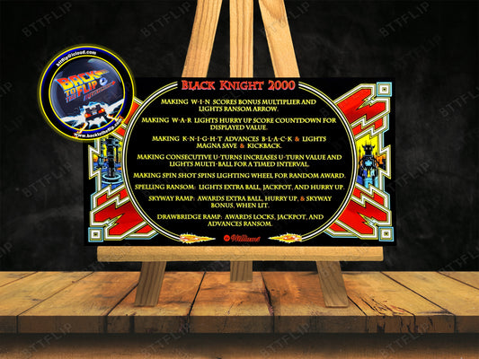 Williams Black Knight 2000 1989 Jeu Cartes Instructions Flipper Custom Apron règles imprimées