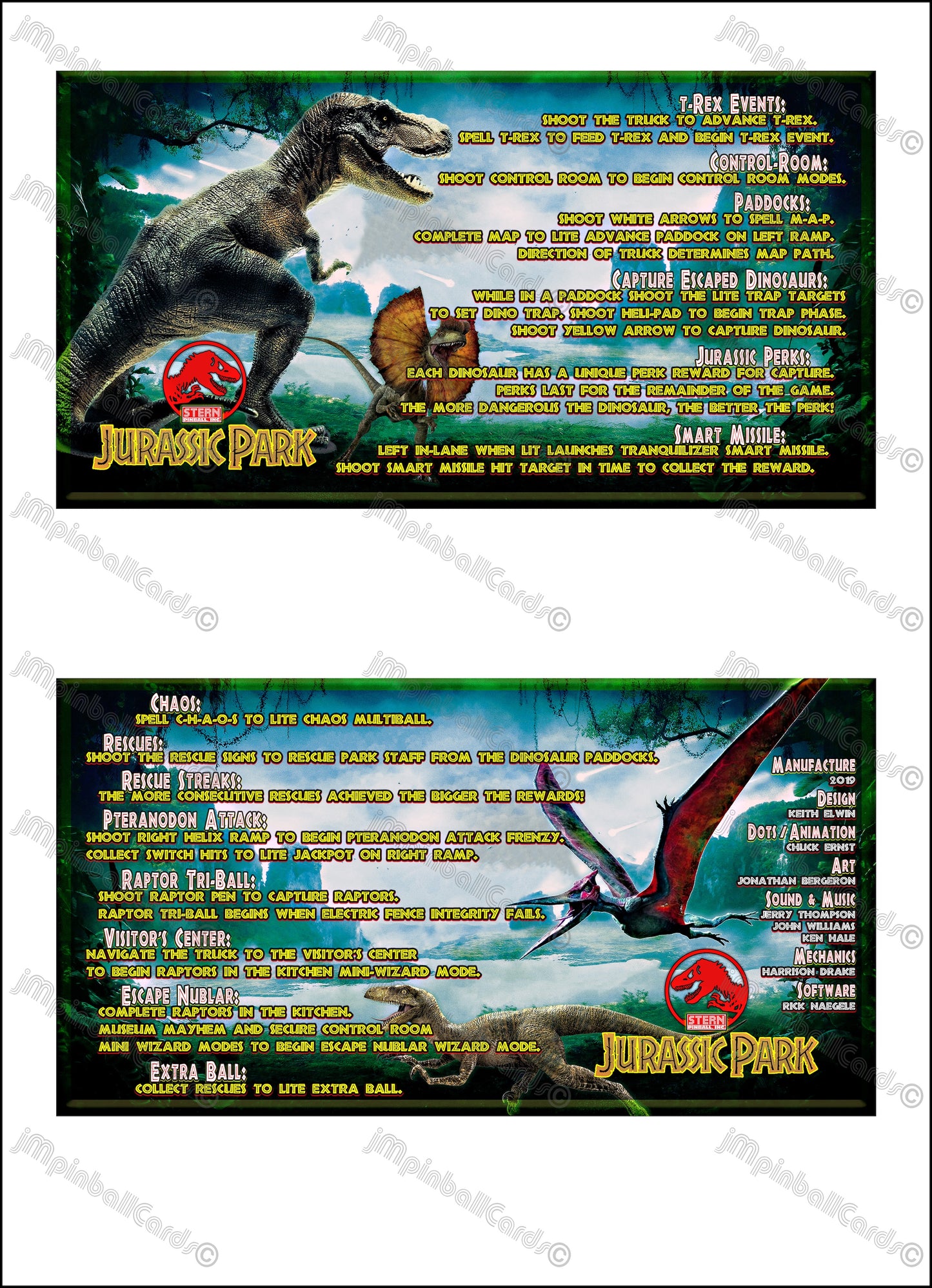 Instrucciones de las tarjetas del juego Stern Jurassic Park 2019, tarjetas de pinball personalizadas con impresión de delantal