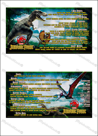 Instrucciones de las tarjetas del juego Stern Jurassic Park 2019, reglas impresas del delantal personalizado de Pinball