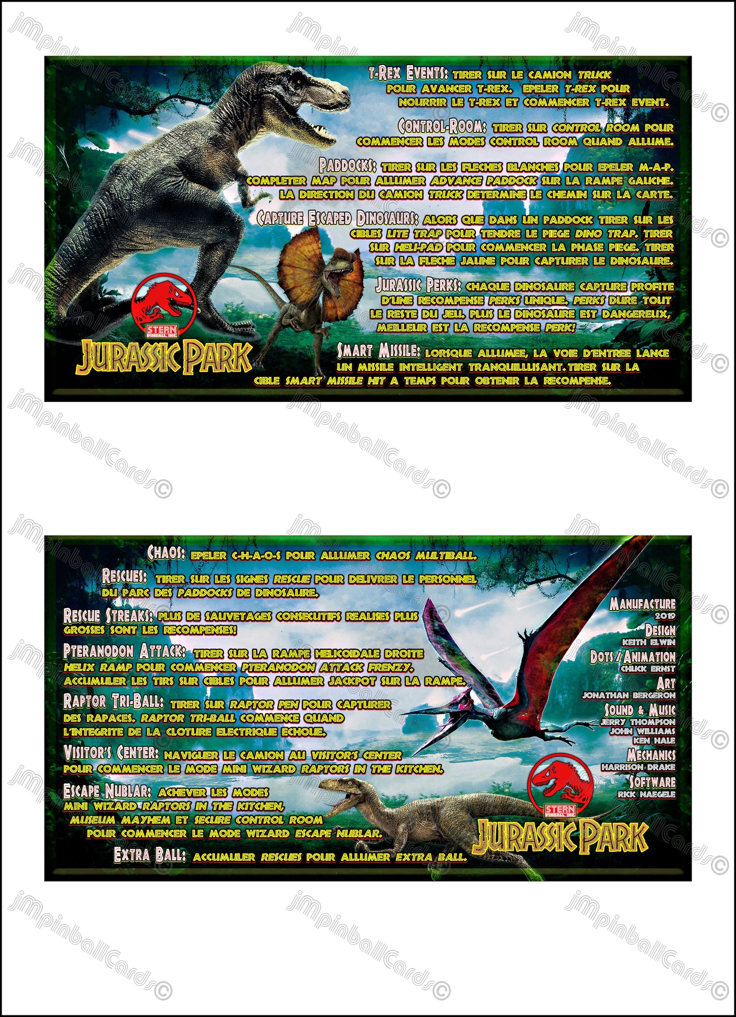 Instrucciones de las tarjetas del juego Stern Jurassic Park 2019, tarjetas de pinball personalizadas con impresión de delantal