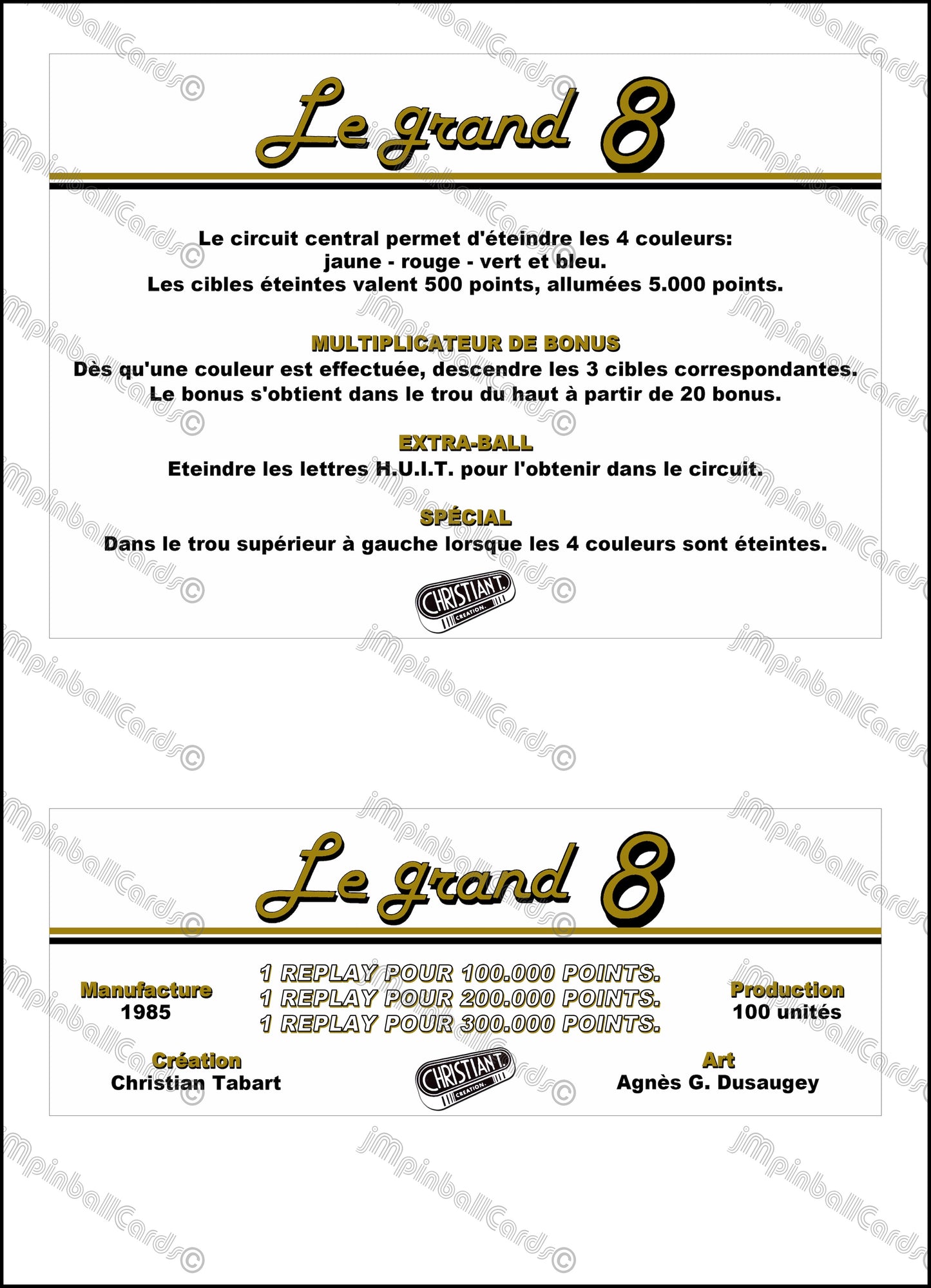 Christian Tabart Le Grand 8 1985 Jeu Cartes Instructions Flipper Custom Apron règles imprimées