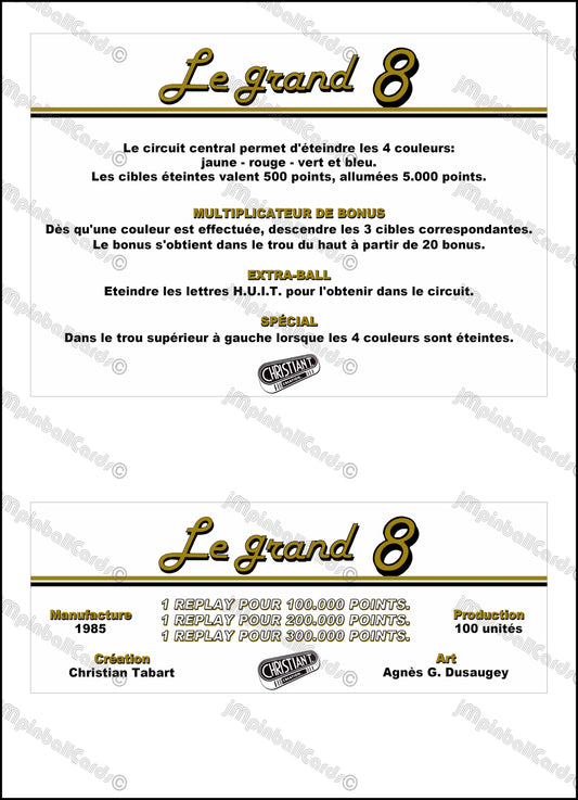 Christian Tabart Le Grand 8 1985 Jeu Cartes Instructions Flipper Custom Apron règles imprimées