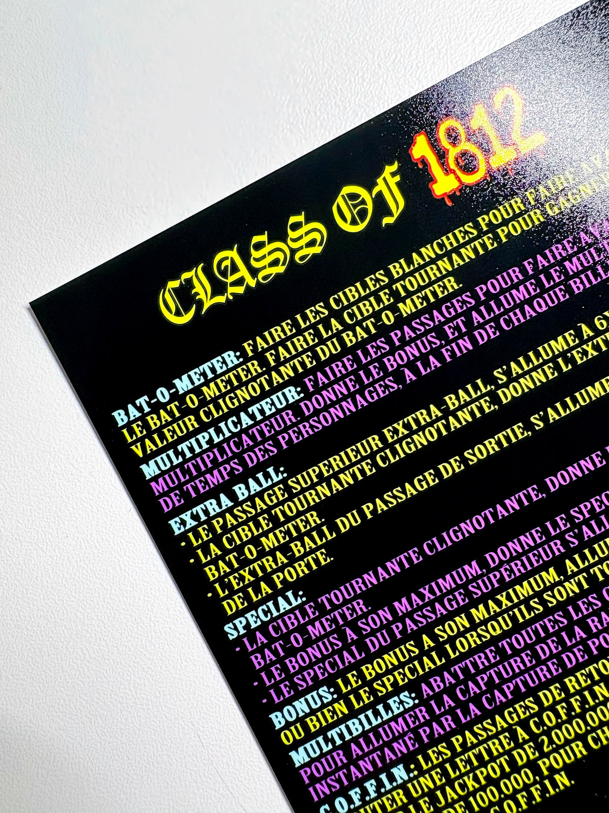 Tarjetas de juego Gottlieb 1991 CLASE DE 1812 Instrucciones Flipper Delantal personalizado reglas impresas