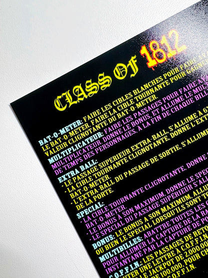 Tarjetas de juego Gottlieb 1991 CLASE DE 1812 Instrucciones Flipper Delantal personalizado reglas impresas