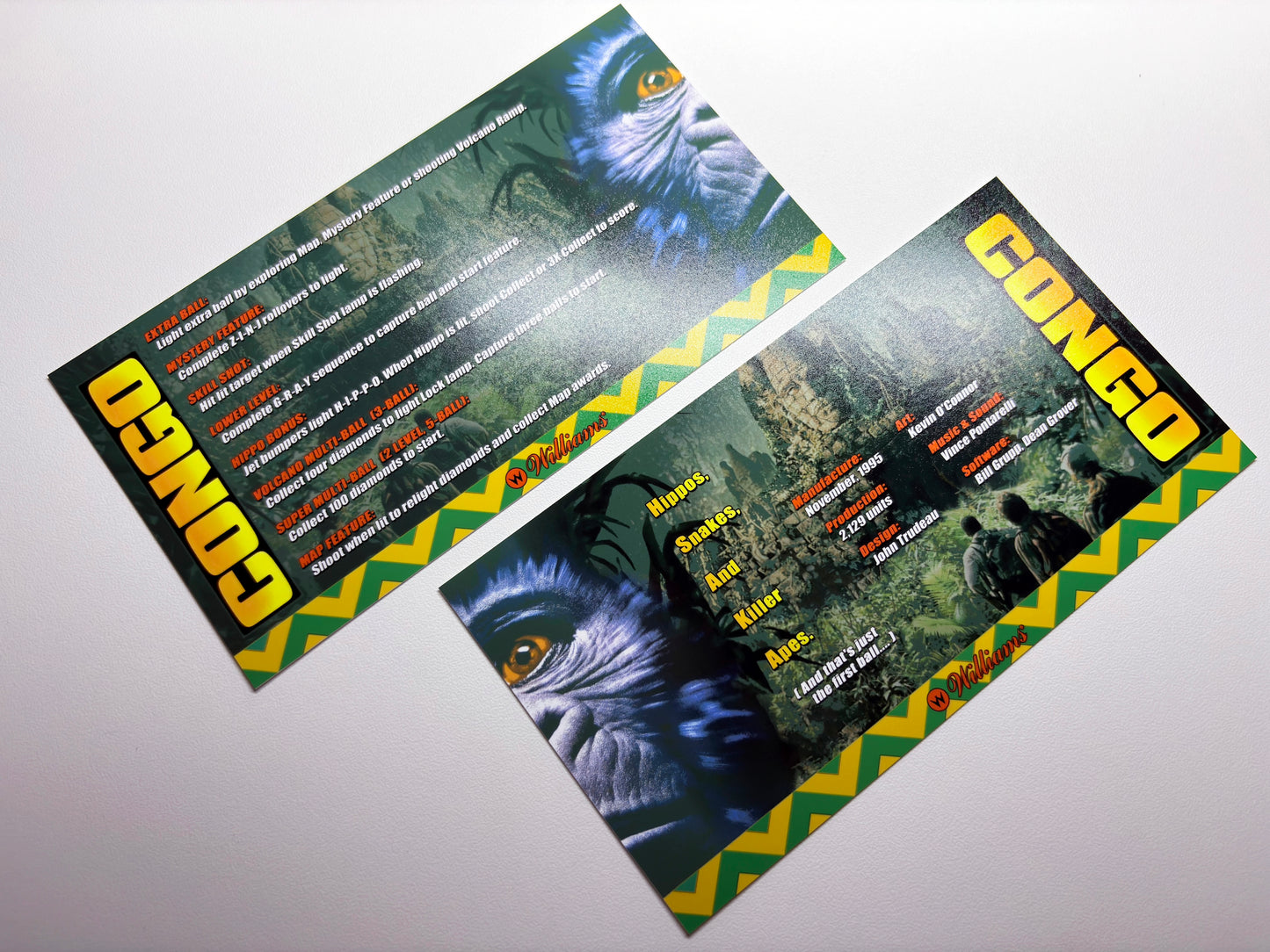 Williams CONGO 1995 Game Cards Instructions Pinball Custom Apron printed rules