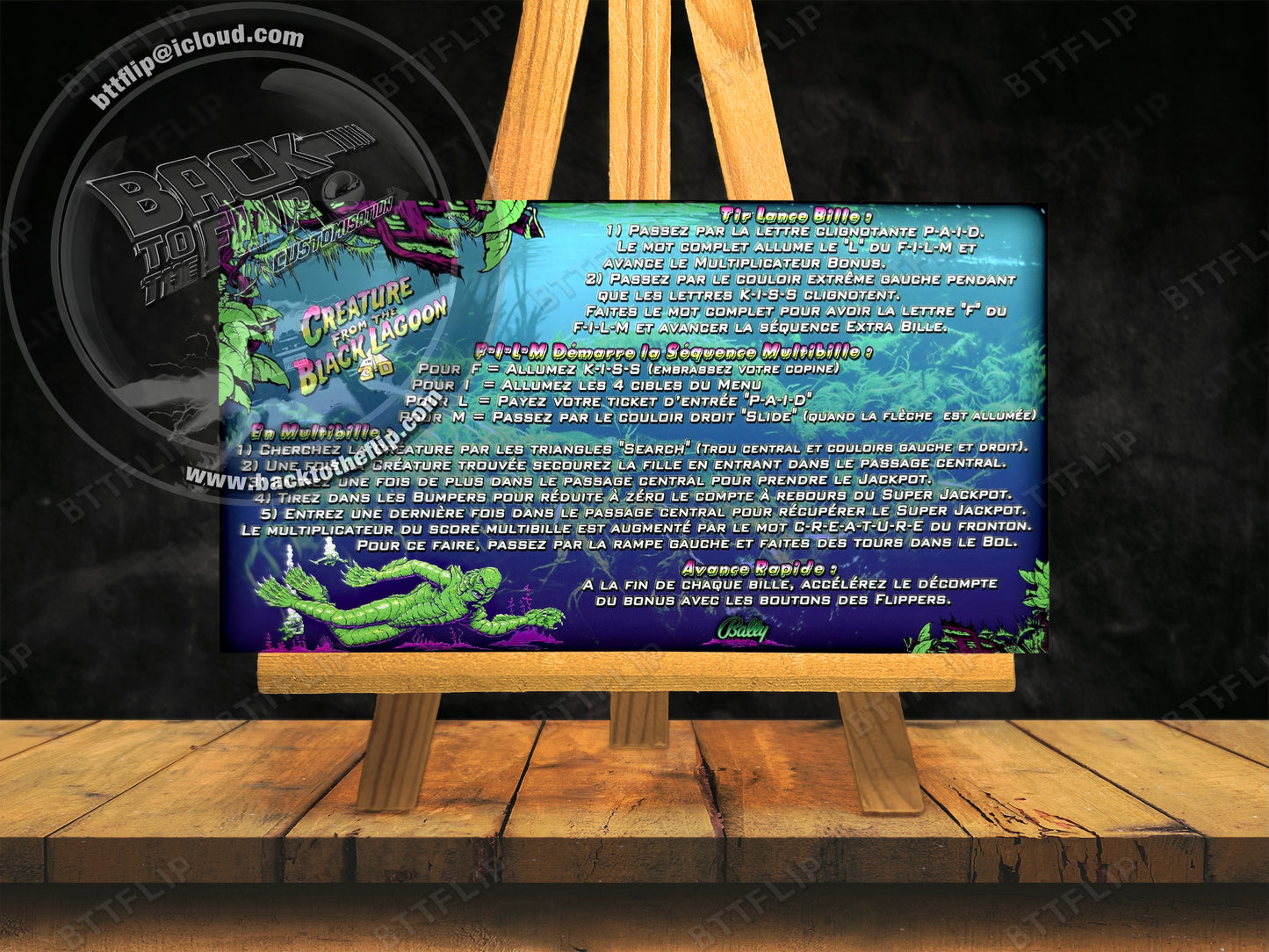 Tarjetas de instrucciones custom del delantal de la máquina de pinball Bally Creature From The Black Lagoon 1992 V2 (set de 2)