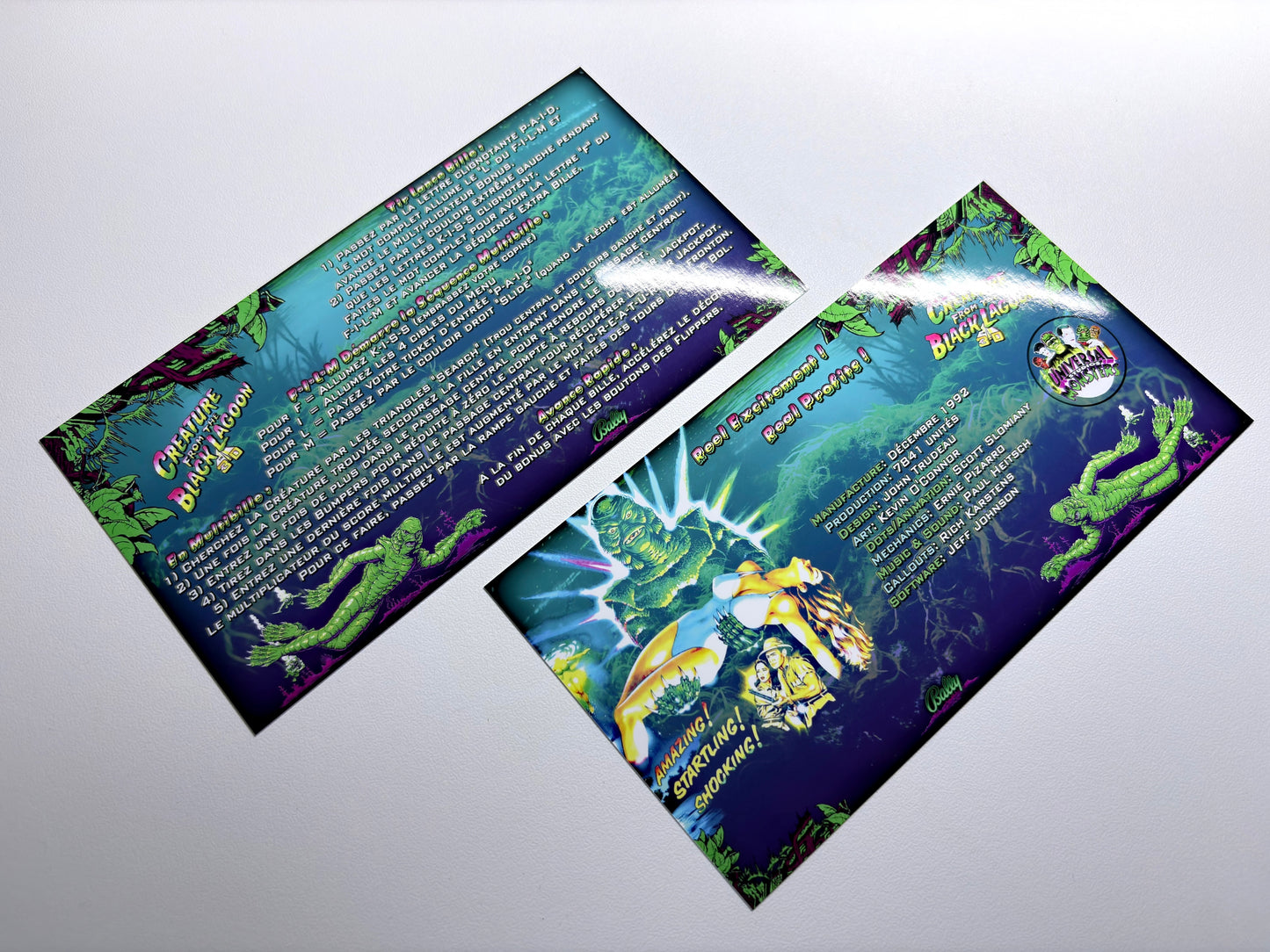 Tarjetas de instrucciones custom del delantal de la máquina de pinball Bally Creature From The Black Lagoon 1992 V2 (set de 2)