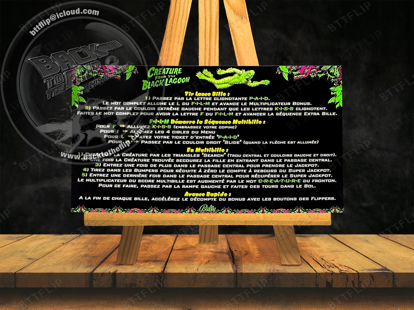 Cartes d'instructions custom apron flipper Bally Creature From The Black Lagoon 1992 V3 (set de 2)