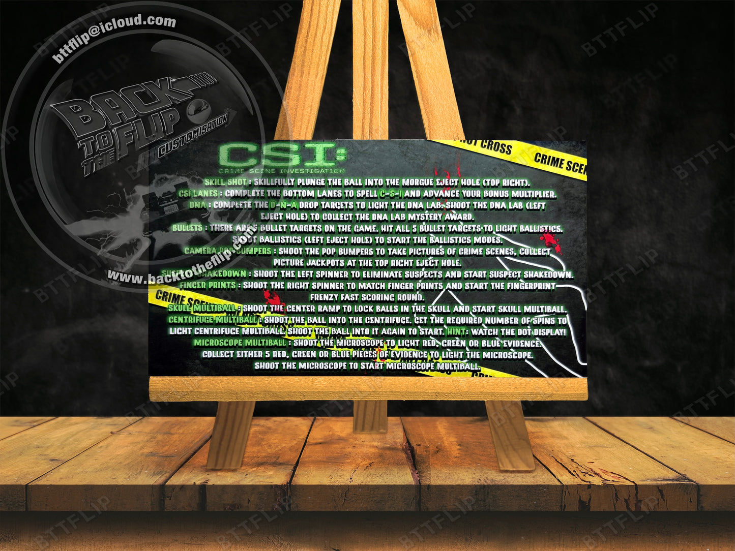 Cartas de instrucciones custom para flipper de delantal Stern CSI Crime Scene Investigation 2008 (juego de 2)