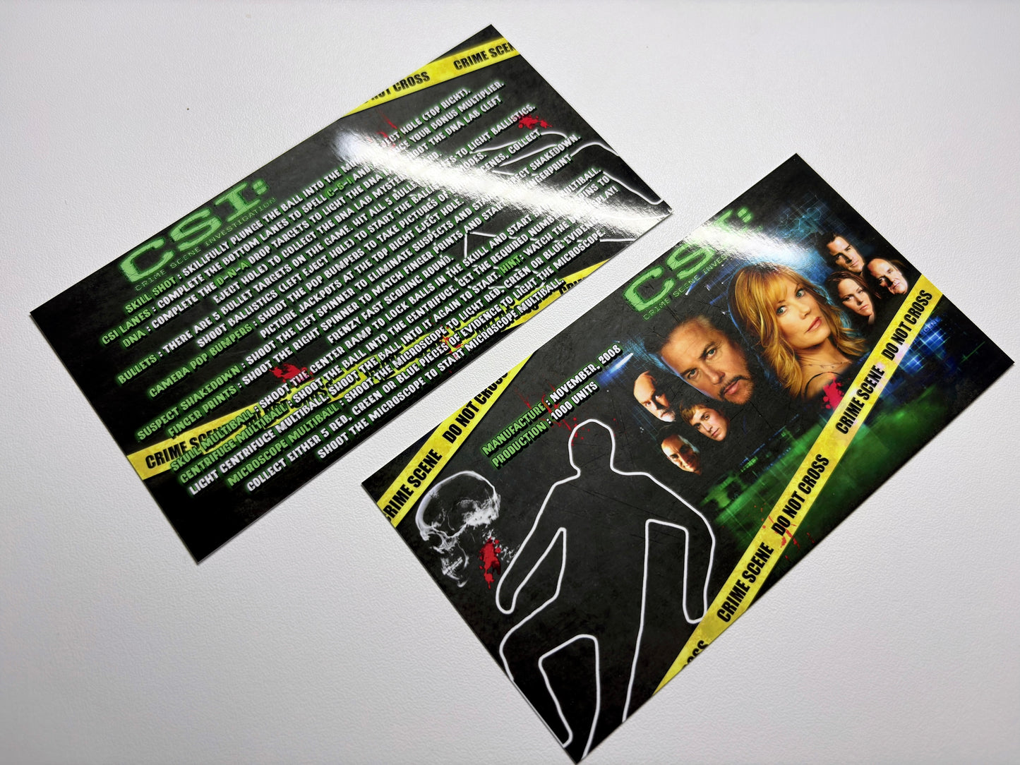 Cartas de instrucciones custom para flipper de delantal Stern CSI Crime Scene Investigation 2008 (juego de 2)