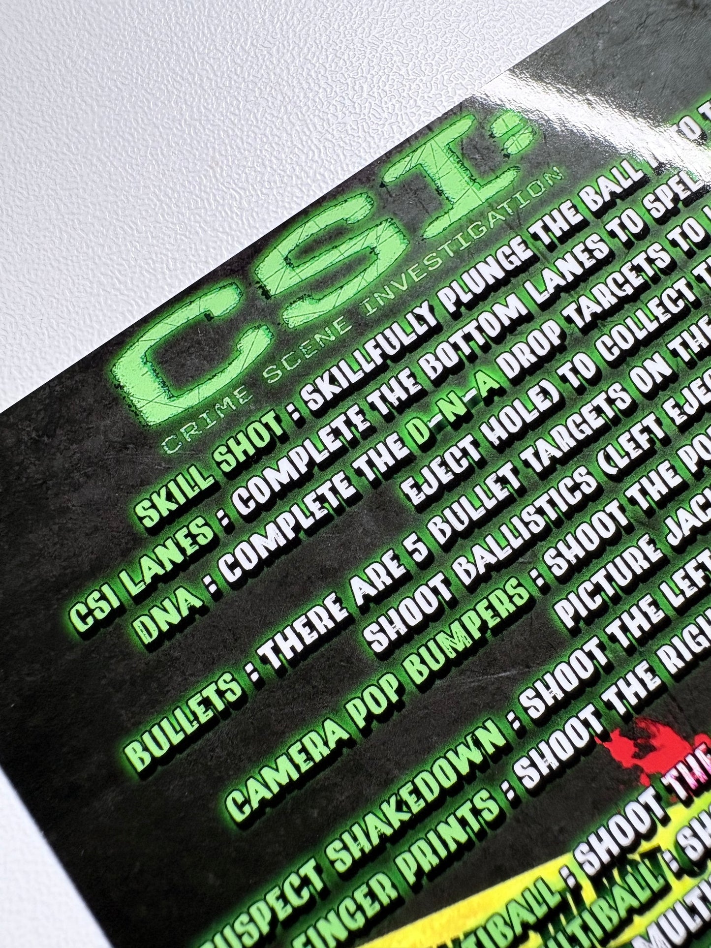 Cartas de instrucciones custom para flipper de delantal Stern CSI Crime Scene Investigation 2008 (juego de 2)