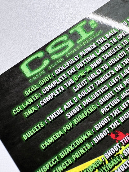 Cartas de instrucciones custom para flipper de delantal Stern CSI Crime Scene Investigation 2008 (juego de 2)