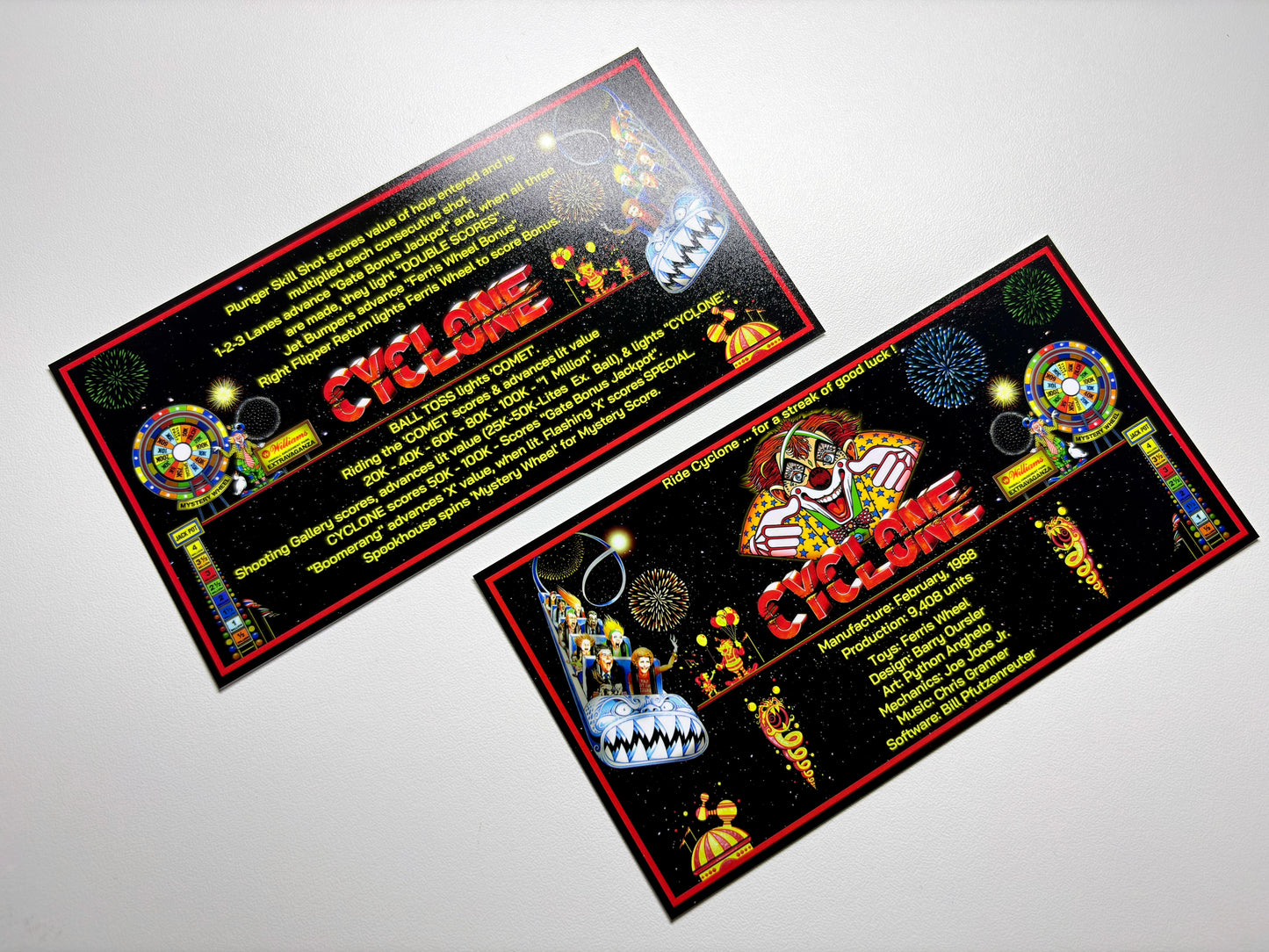 Cartes d'instructions custom apron flipper Williams Cyclone 1988 (set de 2)