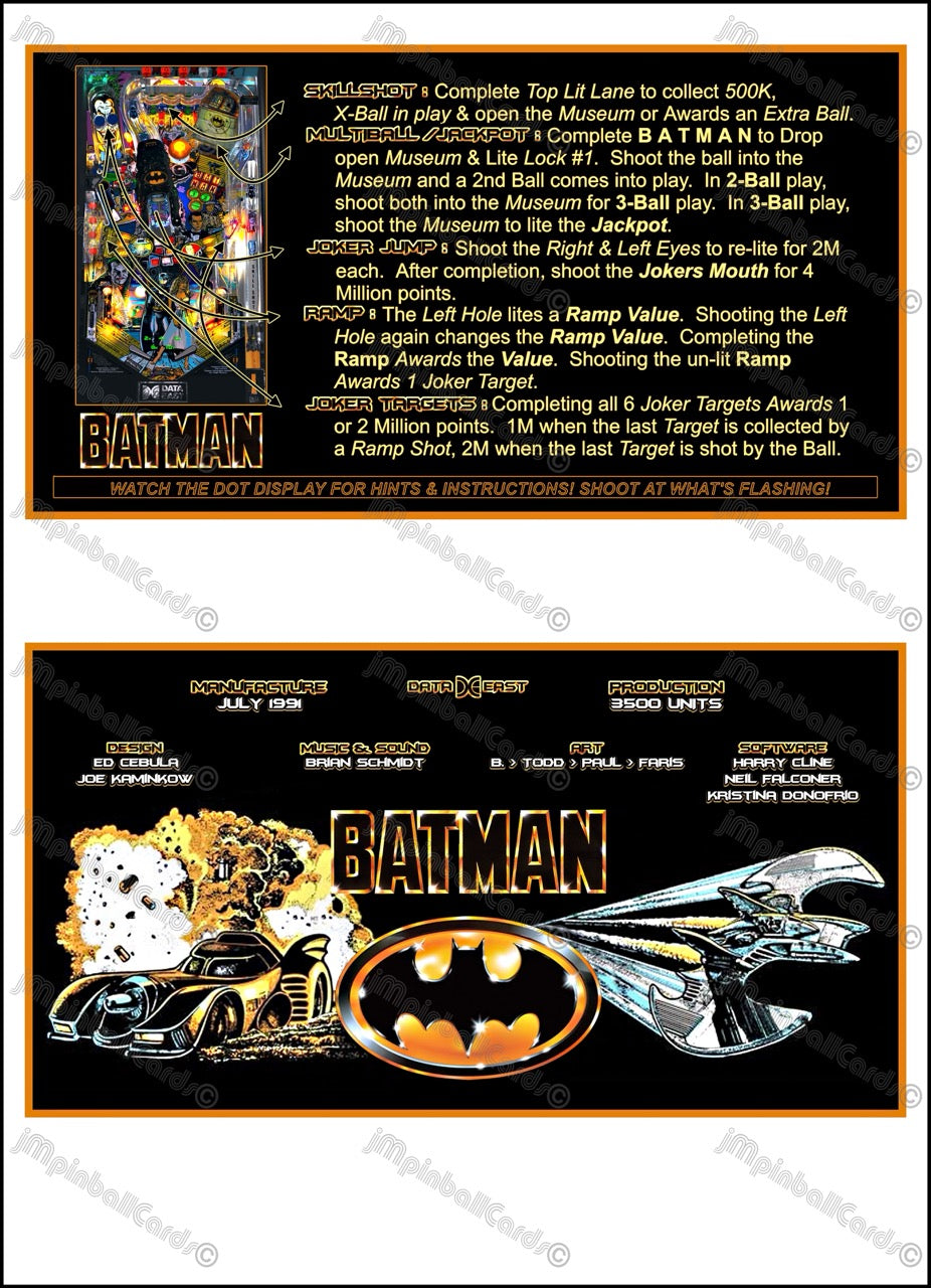 Instrucciones de las tarjetas del juego Batman 1991 de Data East, versión Pinball 1: tarjetas de delantal de pinball con impresión personalizada