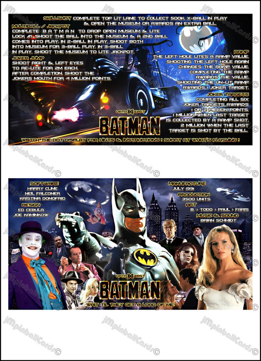 Instrucciones de las tarjetas del juego Batman 1991 de Data East, versión Pinball 2: tarjetas de delantal de pinball con impresión personalizada