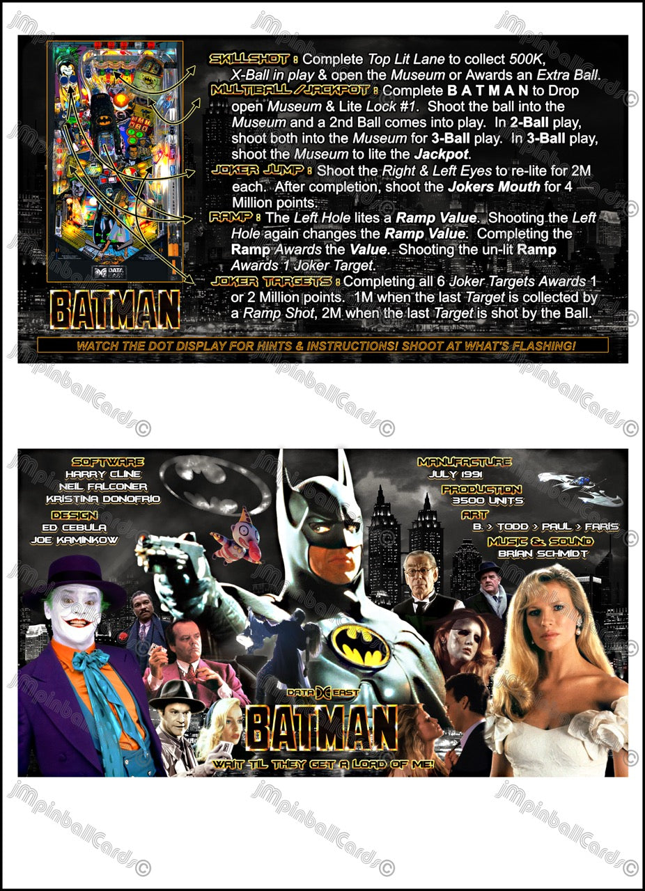 Instrucciones de las tarjetas del juego Batman 1991 de Data East, versión Pinball 3: tarjetas de delantal de pinball con impresión personalizada