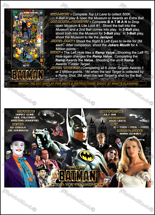 Instrucciones de las tarjetas del juego Batman 1991 de Data East, versión Pinball 3: tarjetas de delantal de pinball con impresión personalizada
