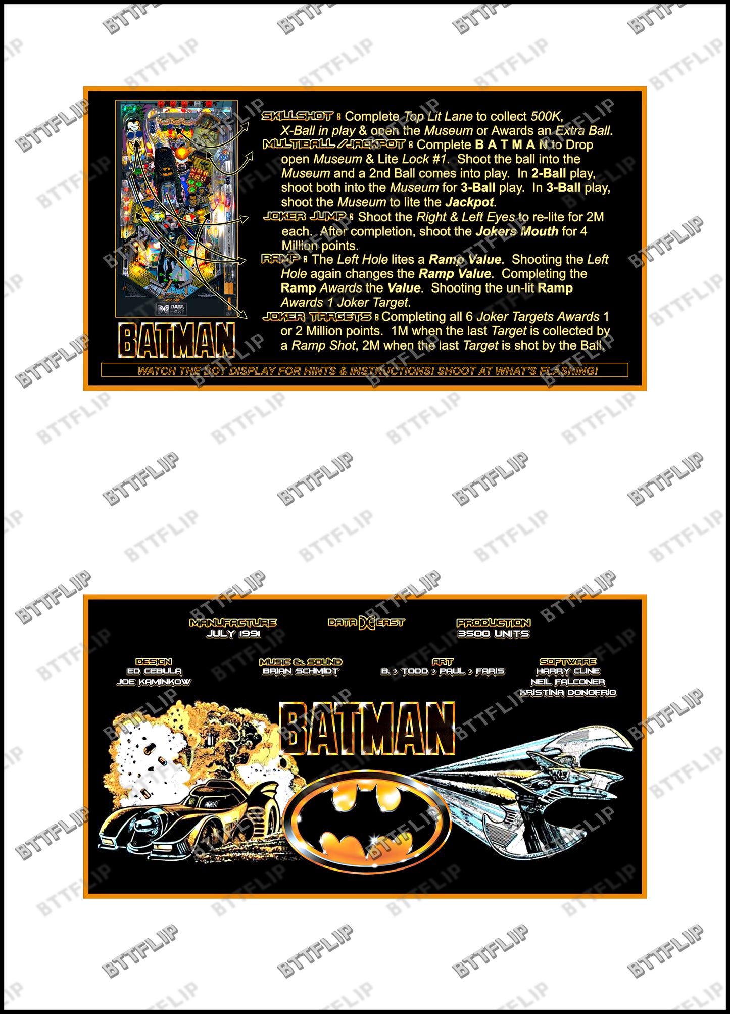 Instrucciones de las tarjetas del juego Batman 1991 de Data East, delantal personalizado de pinball, reglas impresas V1