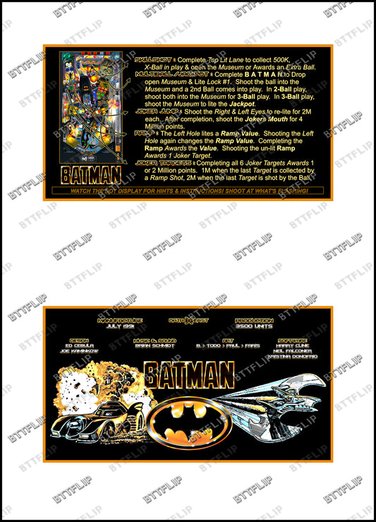 Instrucciones de las tarjetas del juego Batman 1991 de Data East, delantal personalizado de pinball, reglas impresas V1