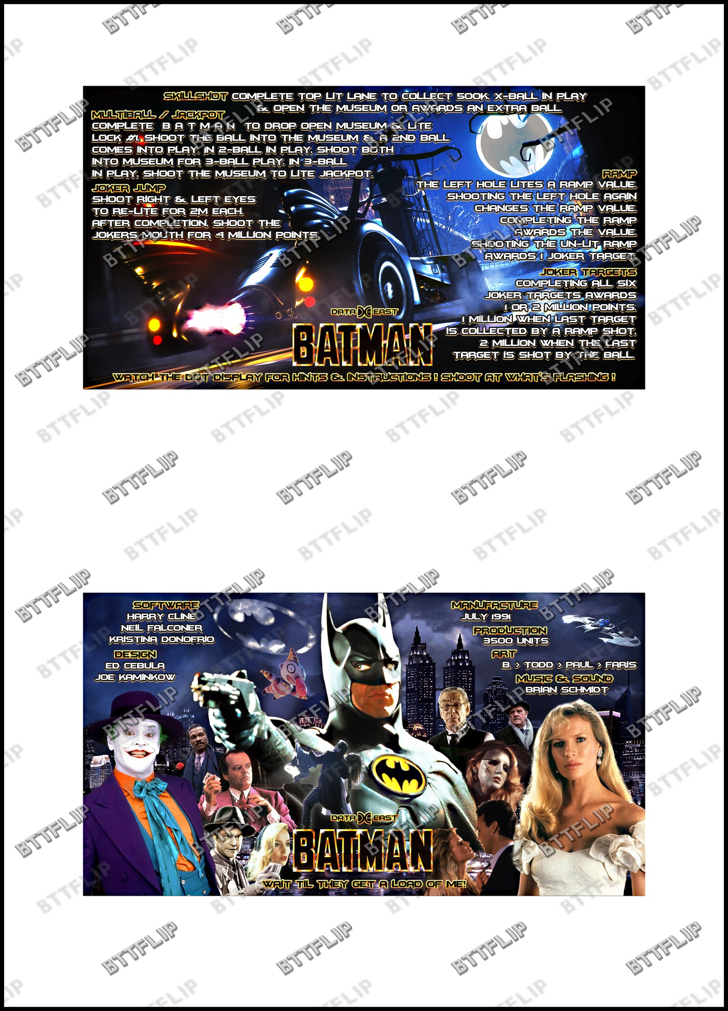 Instrucciones de las tarjetas del juego Batman 1991 de Data East, delantal personalizado de pinball, reglas impresas V2