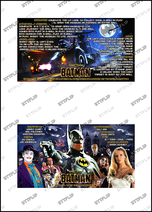 Instrucciones de las tarjetas del juego Batman 1991 de Data East, delantal personalizado de pinball, reglas impresas V2