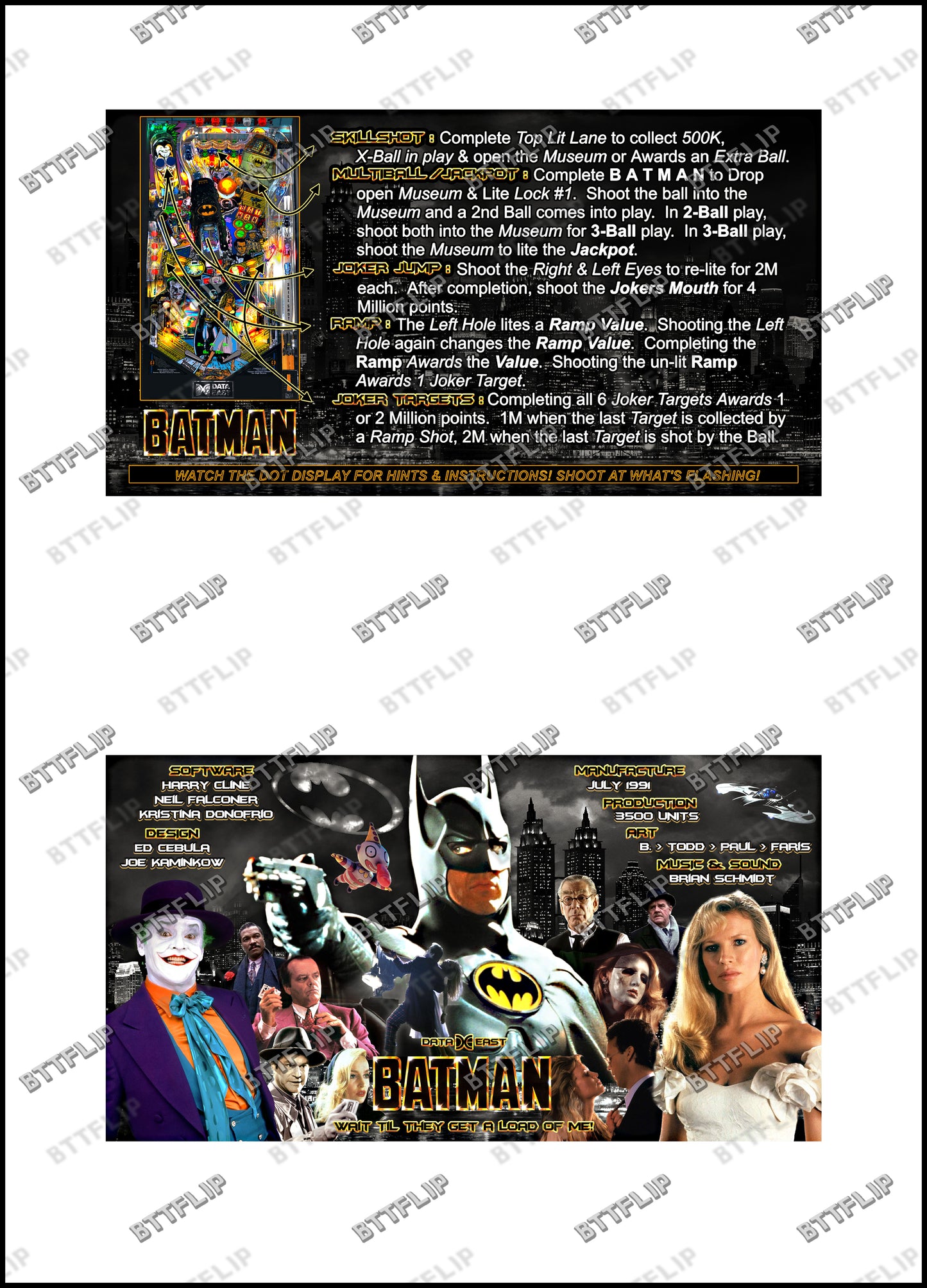 Instrucciones de las tarjetas del juego Batman 1991 de Data East, delantal personalizado de pinball, reglas impresas V3