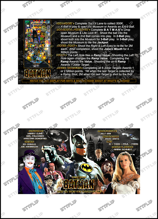 Instrucciones de las tarjetas del juego Batman 1991 de Data East, delantal personalizado de pinball, reglas impresas V3
