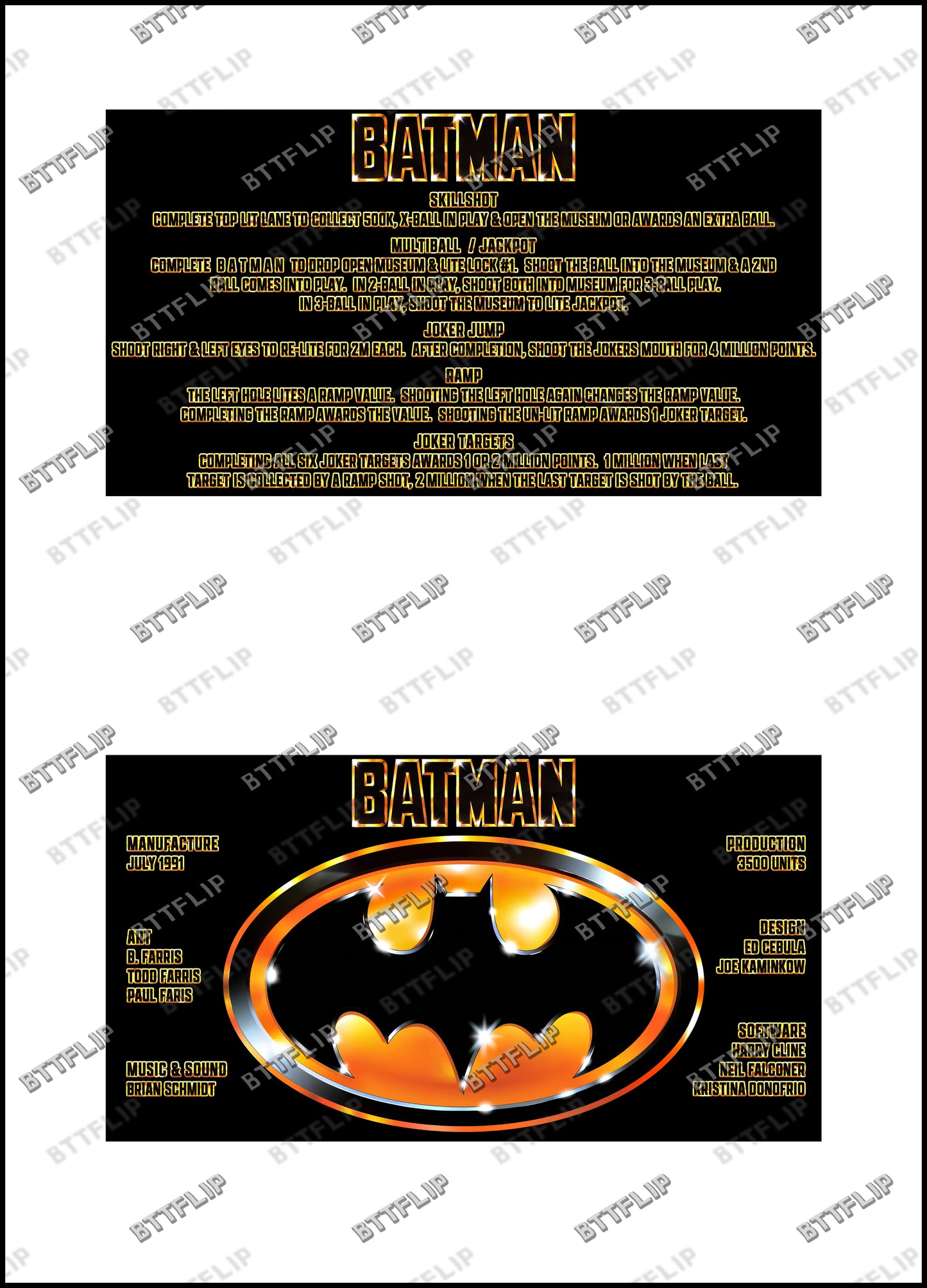 Data East Batman 1991 Game Cards Instructions Pinball Custom Apron Printed Rules V4