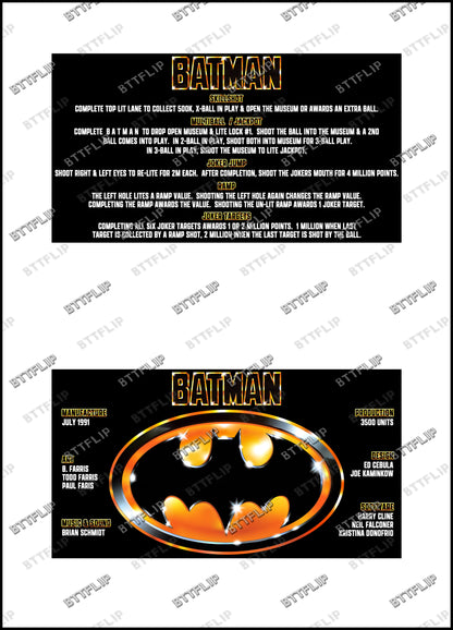 Data East Batman 1991 Game Cards Instructions Pinball Custom Apron Printed Rules V4