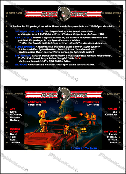 Instrucciones del juego de cartas Data East Secret Service 1988 Pinball Delantal personalizado reglas impresas