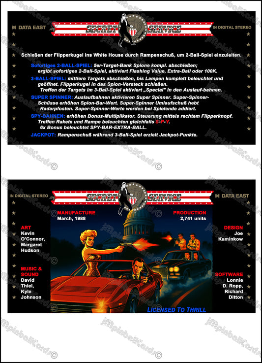 Data East Secret Service 1988 Jeu Cartes Instructions Flipper Custom Apron règles imprimées