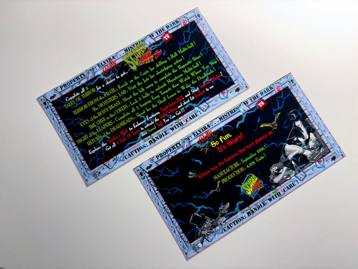 Cartes d'instructions custom apron flipper Bally Elvira Scared Stiff 1996 V1 (set de 2)