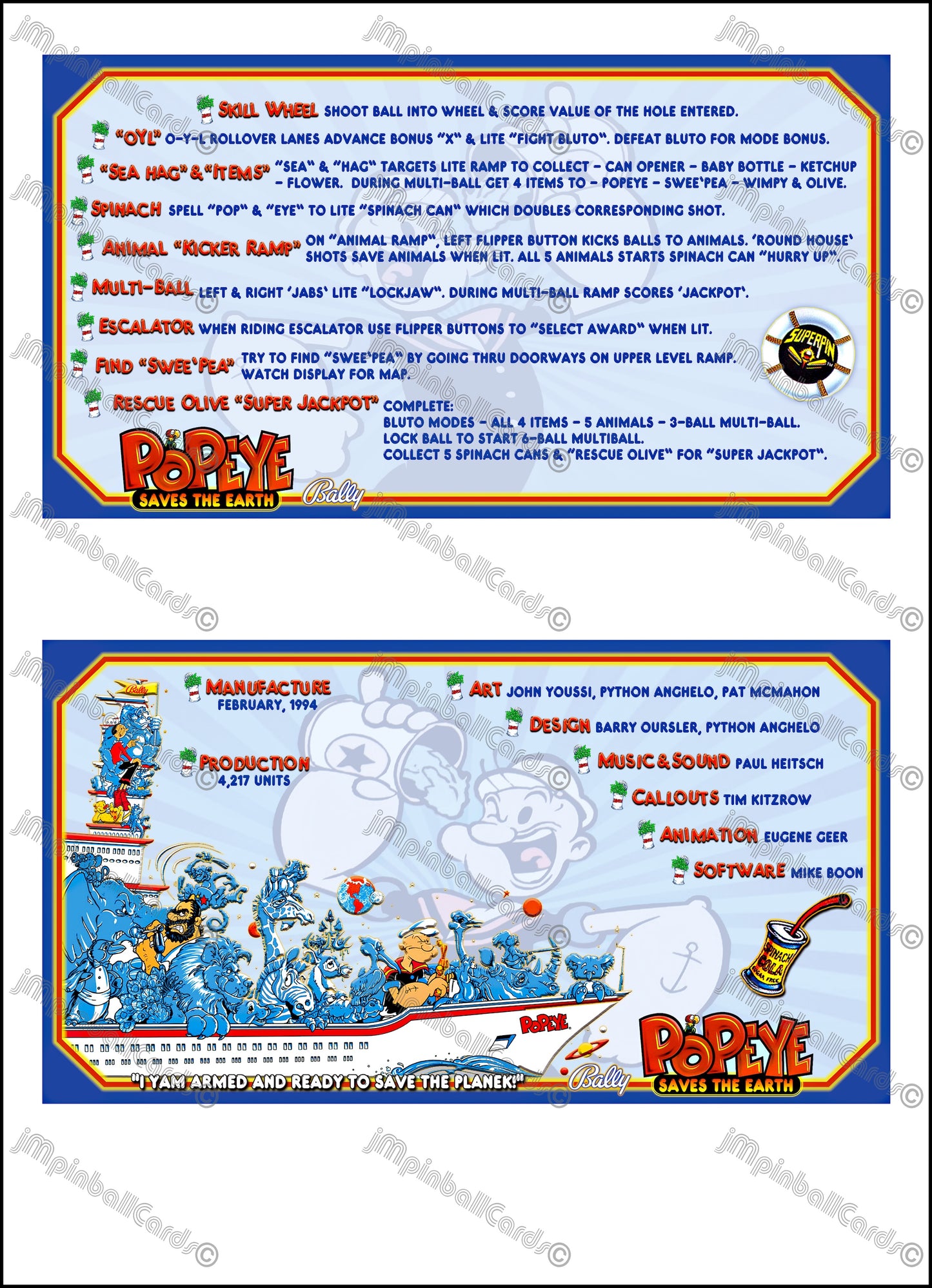 Instrucciones de las tarjetas del juego Bally Popeye 1994, delantal personalizado de pinball, reglas impresas