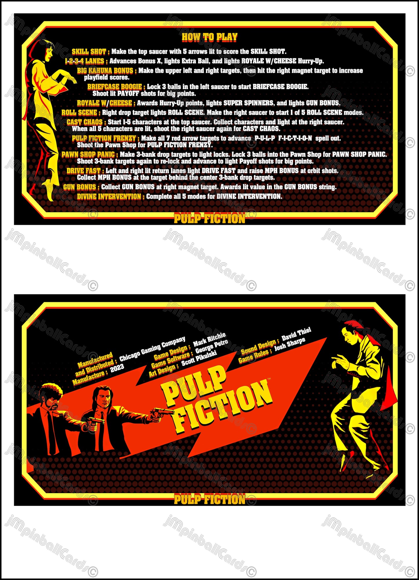 Juego de cartas e instrucciones de Chicago Gaming Pulp Fiction 2023, juego de pinball impreso, juego de delantales de pinball personalizados V1