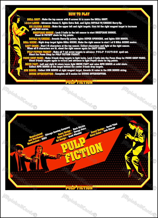 Juego de cartas e instrucciones de Chicago Gaming Pulp Fiction 2023, juego de pinball impreso, juego de delantales de pinball personalizados V1