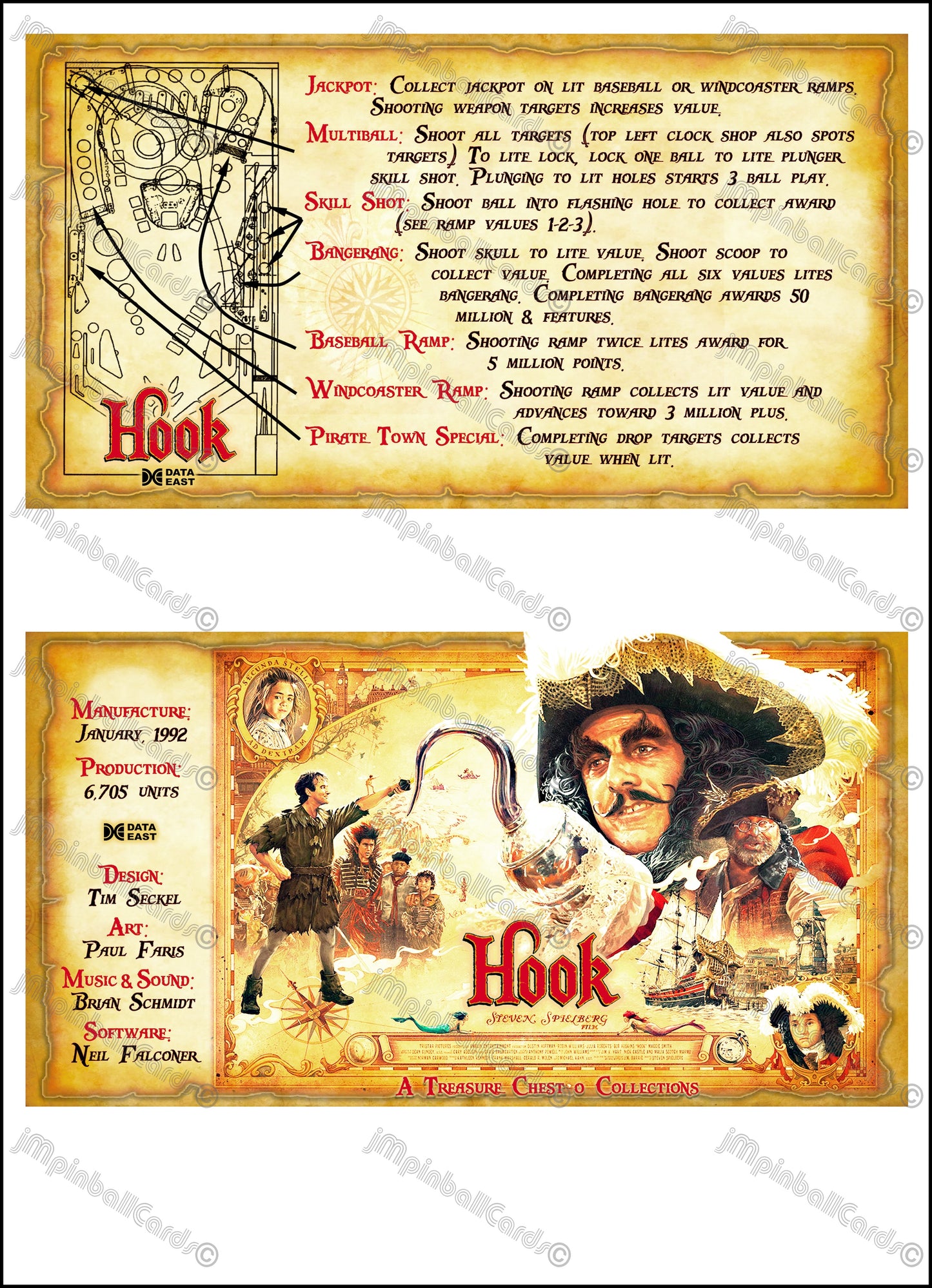 Data East Hook 1992 Game Cards Instructions Pinball Custom Apron Printed Rules V1